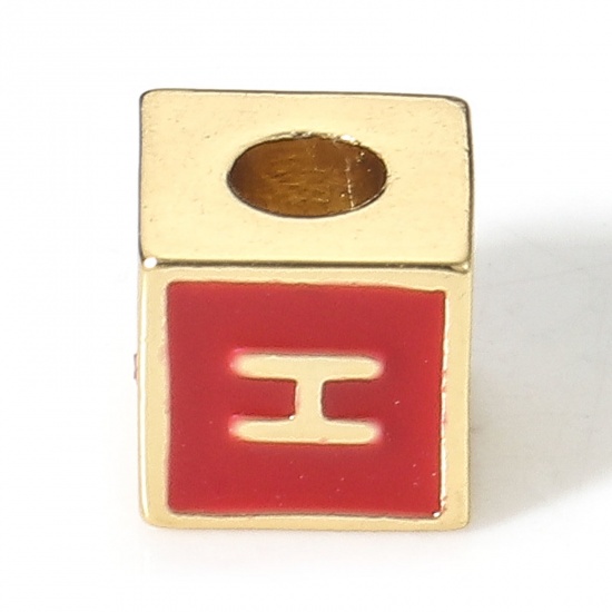 Picture of Brass Simple Beads For DIY Charm Jewelry Making 18K Real Gold Plated Red Cube Initial Alphabet/ Capital Letter Enamel Message " H " About 6mm x 6mm, Hole: Approx 2.5mm, 1 Piece                                                                              