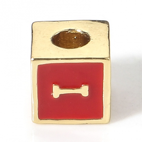 Picture of Brass Simple Beads For DIY Charm Jewelry Making 18K Real Gold Plated Red Cube Initial Alphabet/ Capital Letter Enamel Message " I " About 6mm x 6mm, Hole: Approx 2.5mm, 1 Piece                                                                              