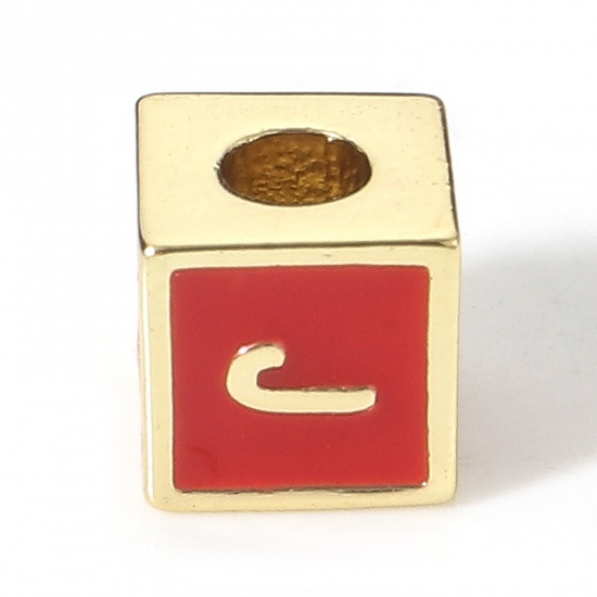 Picture of Brass Simple Beads For DIY Charm Jewelry Making 18K Real Gold Plated Red Cube Initial Alphabet/ Capital Letter Enamel Message " J " About 6mm x 6mm, Hole: Approx 2.5mm, 1 Piece                                                                              