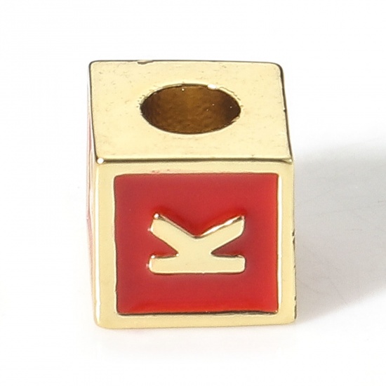 Picture of Brass Simple Beads For DIY Charm Jewelry Making 18K Real Gold Plated Red Cube Initial Alphabet/ Capital Letter Enamel Message " K " About 6mm x 6mm, Hole: Approx 2.5mm, 1 Piece                                                                              