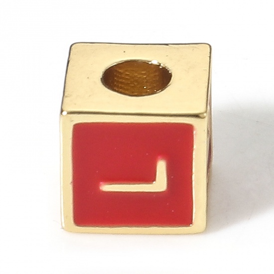 Picture of Brass Simple Beads For DIY Charm Jewelry Making 18K Real Gold Plated Red Cube Initial Alphabet/ Capital Letter Enamel Message " L " About 6mm x 6mm, Hole: Approx 2.5mm, 1 Piece                                                                              
