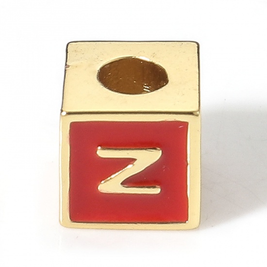 Picture of Brass Simple Beads For DIY Charm Jewelry Making 18K Real Gold Plated Red Cube Initial Alphabet/ Capital Letter Enamel Message " N " About 6mm x 6mm, Hole: Approx 2.5mm, 1 Piece                                                                              