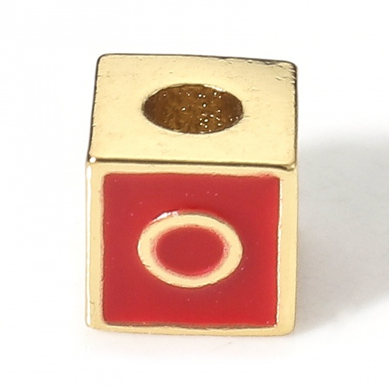 Picture of Brass Simple Beads For DIY Charm Jewelry Making 18K Real Gold Plated Red Cube Initial Alphabet/ Capital Letter Enamel Message " O " About 6mm x 6mm, Hole: Approx 2.5mm, 1 Piece                                                                              