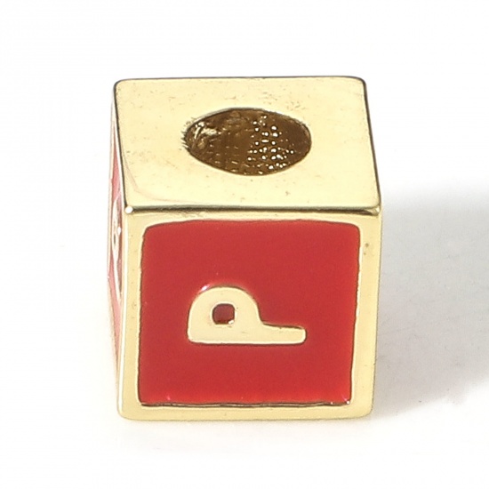 Picture of Brass Simple Beads For DIY Charm Jewelry Making 18K Real Gold Plated Red Cube Initial Alphabet/ Capital Letter Enamel Message " P " About 6mm x 6mm, Hole: Approx 2.5mm, 1 Piece                                                                              