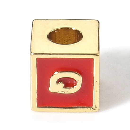 Picture of Brass Simple Beads For DIY Charm Jewelry Making 18K Real Gold Plated Red Cube Initial Alphabet/ Capital Letter Enamel Message " Q " About 6mm x 6mm, Hole: Approx 2.5mm, 1 Piece                                                                              