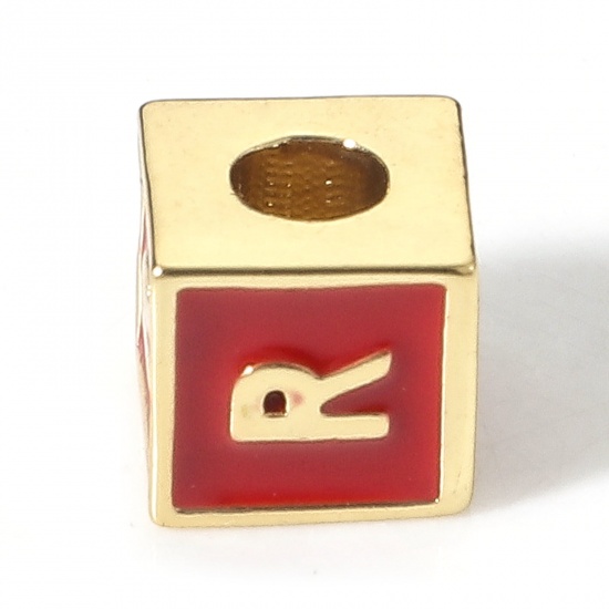 Picture of Brass Simple Beads For DIY Charm Jewelry Making 18K Real Gold Plated Red Cube Initial Alphabet/ Capital Letter Enamel Message " R " About 6mm x 6mm, Hole: Approx 2.5mm, 1 Piece                                                                              