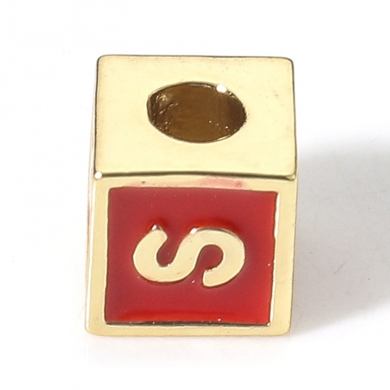 Picture of Brass Simple Beads For DIY Charm Jewelry Making 18K Real Gold Plated Red Cube Initial Alphabet/ Capital Letter Enamel Message " S " About 6mm x 6mm, Hole: Approx 2.5mm, 1 Piece                                                                              
