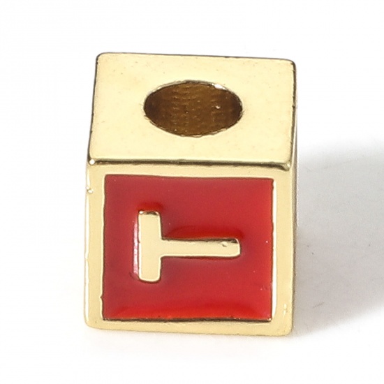 Picture of Brass Simple Beads For DIY Charm Jewelry Making 18K Real Gold Plated Red Cube Initial Alphabet/ Capital Letter Enamel Message " T " About 6mm x 6mm, Hole: Approx 2.5mm, 1 Piece                                                                              