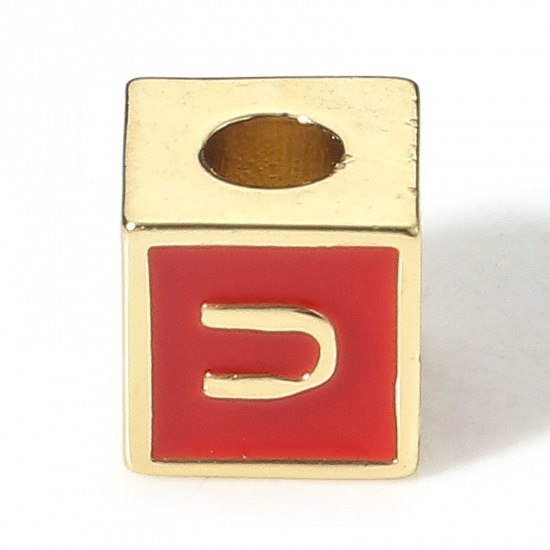 Picture of Brass Simple Beads For DIY Charm Jewelry Making 18K Real Gold Plated Red Cube Initial Alphabet/ Capital Letter Enamel Message " U " About 6mm x 6mm, Hole: Approx 2.5mm, 1 Piece                                                                              