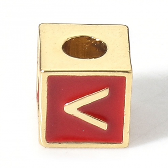 Picture of Brass Simple Beads For DIY Charm Jewelry Making 18K Real Gold Plated Red Cube Initial Alphabet/ Capital Letter Enamel Message " V " About 6mm x 6mm, Hole: Approx 2.5mm, 1 Piece                                                                              