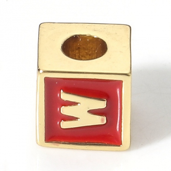 Picture of Brass Simple Beads For DIY Charm Jewelry Making 18K Real Gold Plated Red Cube Initial Alphabet/ Capital Letter Enamel Message " W " About 6mm x 6mm, Hole: Approx 2.5mm, 1 Piece                                                                              