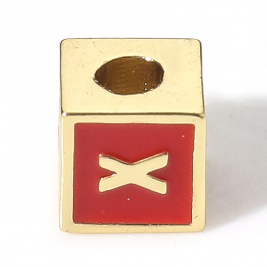 Picture of Brass Simple Beads For DIY Charm Jewelry Making 18K Real Gold Plated Red Cube Initial Alphabet/ Capital Letter Enamel Message " X " About 6mm x 6mm, Hole: Approx 2.5mm, 1 Piece                                                                              