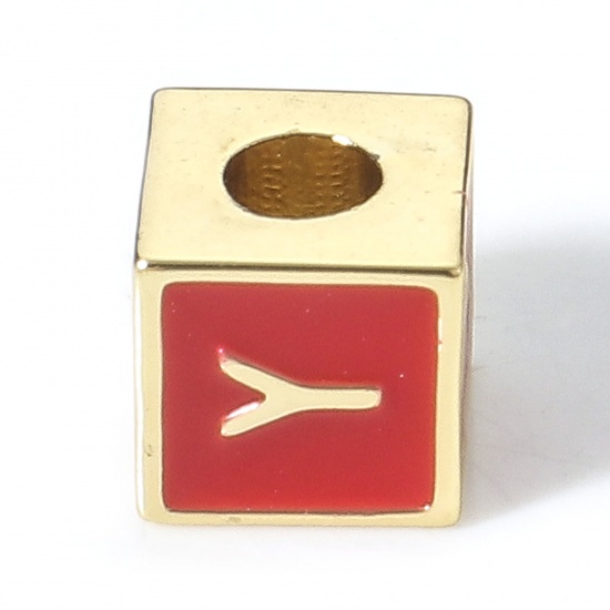 Picture of Brass Simple Beads For DIY Charm Jewelry Making 18K Real Gold Plated Red Cube Initial Alphabet/ Capital Letter Enamel Message " Y " About 6mm x 6mm, Hole: Approx 2.5mm, 1 Piece                                                                              