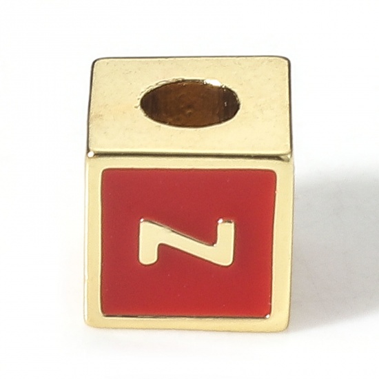 Picture of Brass Simple Beads For DIY Charm Jewelry Making 18K Real Gold Plated Red Cube Initial Alphabet/ Capital Letter Enamel Message " Z " About 6mm x 6mm, Hole: Approx 2.5mm, 1 Piece                                                                              