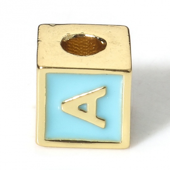 Image de Perles pour DIY Fabrication de Bijoux Simple en Laiton Plaqué Or Véritable 18K Bleu Cube Alphabet Initial/ Lettre Majuscule Émail Mots" A " Env. 6mm x 6mm, Trou: Env. 2.5mm, 1 Pièce