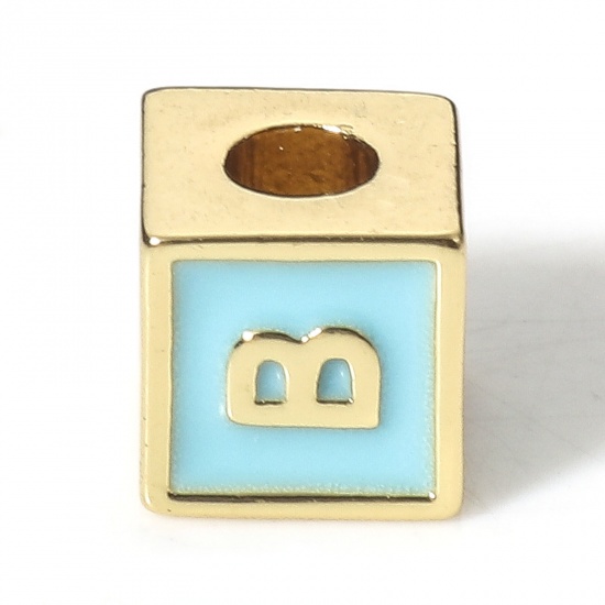 Image de Perles pour DIY Fabrication de Bijoux Simple en Laiton Plaqué Or Véritable 18K Bleu Cube Alphabet Initial/ Lettre Majuscule Émail Mots" B " Env. 6mm x 6mm, Trou: Env. 2.5mm, 1 Pièce