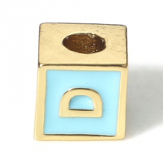 Image de Perles pour DIY Fabrication de Bijoux Simple en Laiton Plaqué Or Véritable 18K Bleu Cube Alphabet Initial/ Lettre Majuscule Émail Mots" D " Env. 6mm x 6mm, Trou: Env. 2.5mm, 1 Pièce