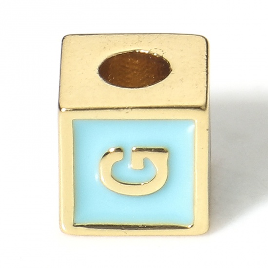 Image de Perles pour DIY Fabrication de Bijoux Simple en Laiton Plaqué Or Véritable 18K Bleu Cube Alphabet Initial/ Lettre Majuscule Émail Mots" G " Env. 6mm x 6mm, Trou: Env. 2.5mm, 1 Pièce