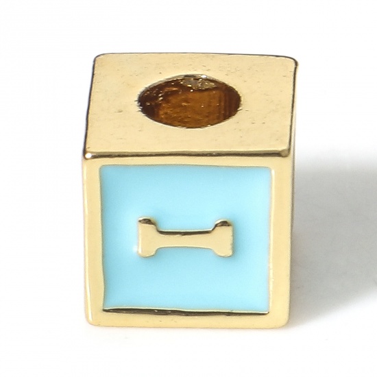 Image de Perles pour DIY Fabrication de Bijoux Simple en Laiton Plaqué Or Véritable 18K Bleu Cube Alphabet Initial/ Lettre Majuscule Émail Mots" I " Env. 6mm x 6mm, Trou: Env. 2.5mm, 1 Pièce
