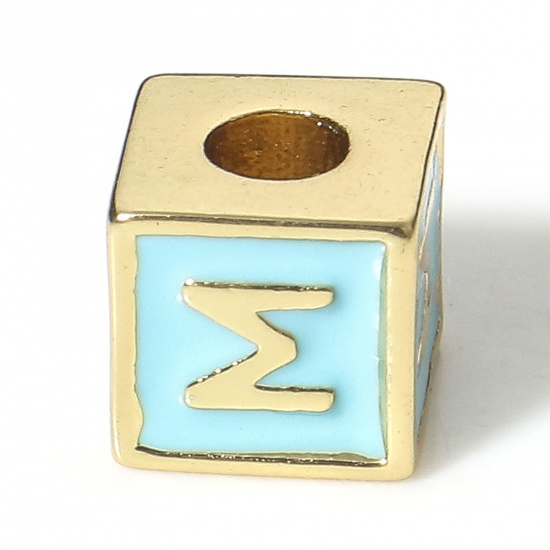 Image de Perles pour DIY Fabrication de Bijoux Simple en Laiton Plaqué Or Véritable 18K Bleu Cube Alphabet Initial/ Lettre Majuscule Émail Mots" M " Env. 6mm x 6mm, Trou: Env. 2.5mm, 1 Pièce