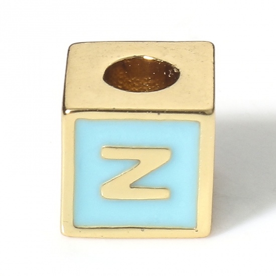Image de Perles pour DIY Fabrication de Bijoux Simple en Laiton Plaqué Or Véritable 18K Bleu Cube Alphabet Initial/ Lettre Majuscule Émail Mots" N " Env. 6mm x 6mm, Trou: Env. 2.5mm, 1 Pièce