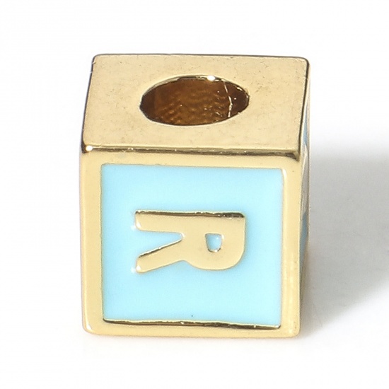 Image de Perles pour DIY Fabrication de Bijoux Simple en Laiton Plaqué Or Véritable 18K Bleu Cube Alphabet Initial/ Lettre Majuscule Émail Mots" R " Env. 6mm x 6mm, Trou: Env. 2.5mm, 1 Pièce