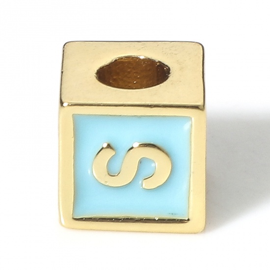 Image de Perles pour DIY Fabrication de Bijoux Simple en Laiton Plaqué Or Véritable 18K Bleu Cube Alphabet Initial/ Lettre Majuscule Émail Mots" S " Env. 6mm x 6mm, Trou: Env. 2.5mm, 1 Pièce