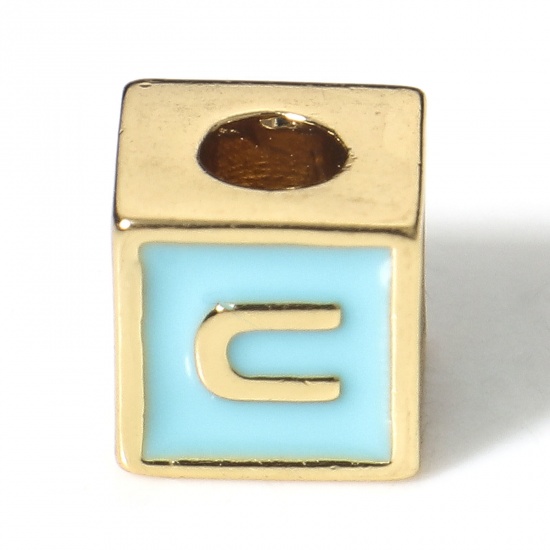 Image de Perles pour DIY Fabrication de Bijoux Simple en Laiton Plaqué Or Véritable 18K Bleu Cube Alphabet Initial/ Lettre Majuscule Émail Mots" U " Env. 6mm x 6mm, Trou: Env. 2.5mm, 1 Pièce