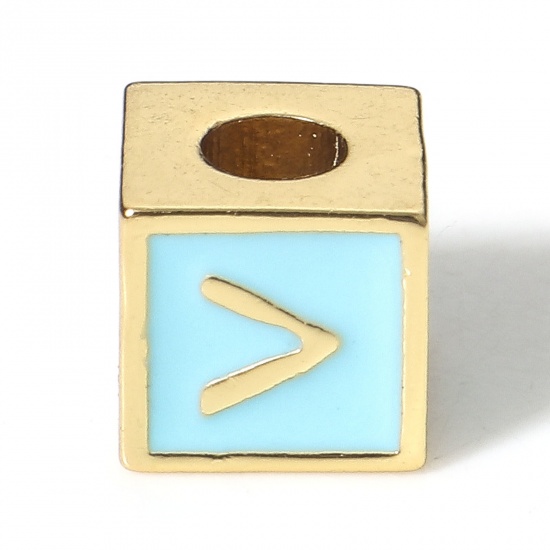 Image de Perles pour DIY Fabrication de Bijoux Simple en Laiton Plaqué Or Véritable 18K Bleu Cube Alphabet Initial/ Lettre Majuscule Émail Mots" V " Env. 6mm x 6mm, Trou: Env. 2.5mm, 1 Pièce