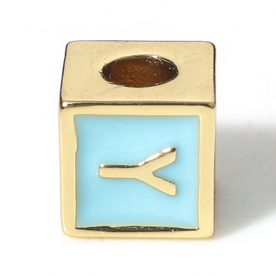 Image de Perles pour DIY Fabrication de Bijoux Simple en Laiton Plaqué Or Véritable 18K Bleu Cube Alphabet Initial/ Lettre Majuscule Émail Mots" Y " Env. 6mm x 6mm, Trou: Env. 2.5mm, 1 Pièce