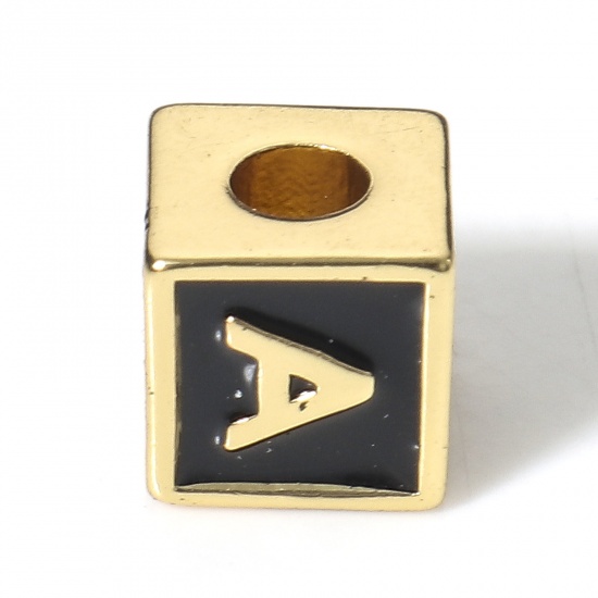 Image de Perles pour DIY Fabrication de Bijoux Simple en Laiton Plaqué Or Véritable 18K Noir Cube Alphabet Initial/ Lettre Majuscule Émail Mots" A " Env. 6mm x 6mm, Trou: Env. 2.5mm, 1 Pièce