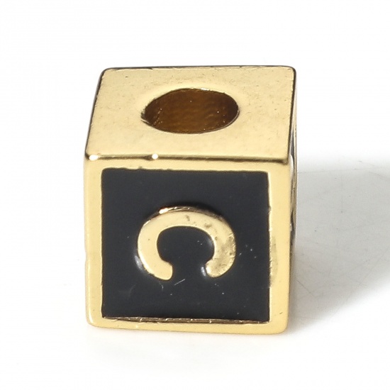 Image de Perles pour DIY Fabrication de Bijoux Simple en Laiton Plaqué Or Véritable 18K Noir Cube Alphabet Initial/ Lettre Majuscule Émail Mots" C " Env. 6mm x 6mm, Trou: Env. 2.5mm, 1 Pièce
