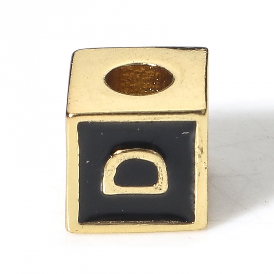 Image de Perles pour DIY Fabrication de Bijoux Simple en Laiton Plaqué Or Véritable 18K Noir Cube Alphabet Initial/ Lettre Majuscule Émail Mots" D " Env. 6mm x 6mm, Trou: Env. 2.5mm, 1 Pièce