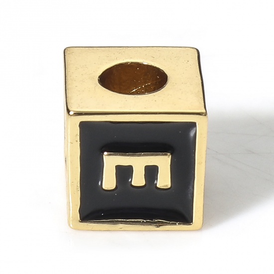 Image de Perles pour DIY Fabrication de Bijoux Simple en Laiton Plaqué Or Véritable 18K Noir Cube Alphabet Initial/ Lettre Majuscule Émail Mots" E " Env. 6mm x 6mm, Trou: Env. 2.5mm, 1 Pièce