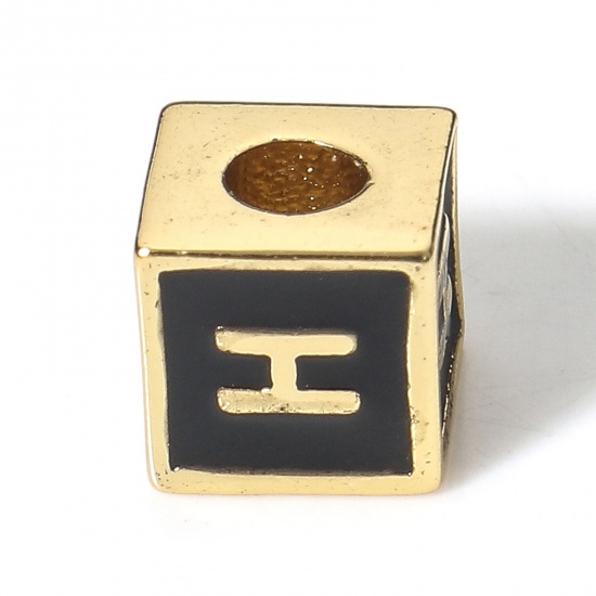 Image de Perles pour DIY Fabrication de Bijoux Simple en Laiton Plaqué Or Véritable 18K Noir Cube Alphabet Initial/ Lettre Majuscule Émail Mots" H " Env. 6mm x 6mm, Trou: Env. 2.5mm, 1 Pièce