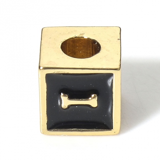 Image de Perles pour DIY Fabrication de Bijoux Simple en Laiton Plaqué Or Véritable 18K Noir Cube Alphabet Initial/ Lettre Majuscule Émail Mots" I " Env. 6mm x 6mm, Trou: Env. 2.5mm, 1 Pièce