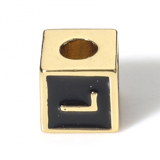 Image de Perles pour DIY Fabrication de Bijoux Simple en Laiton Plaqué Or Véritable 18K Noir Cube Alphabet Initial/ Lettre Majuscule Émail Mots" L " Env. 6mm x 6mm, Trou: Env. 2.5mm, 1 Pièce