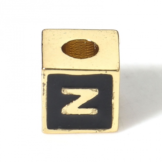 Image de Perles pour DIY Fabrication de Bijoux Simple en Laiton Plaqué Or Véritable 18K Noir Cube Alphabet Initial/ Lettre Majuscule Émail Mots" N " Env. 6mm x 6mm, Trou: Env. 2.5mm, 1 Pièce