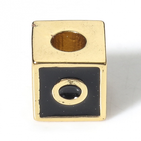 Image de Perles pour DIY Fabrication de Bijoux Simple en Laiton Plaqué Or Véritable 18K Noir Cube Alphabet Initial/ Lettre Majuscule Émail Mots" O " Env. 6mm x 6mm, Trou: Env. 2.5mm, 1 Pièce