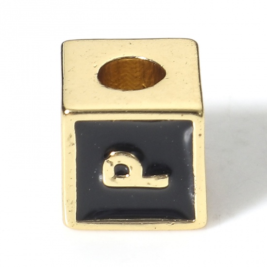 Image de Perles pour DIY Fabrication de Bijoux Simple en Laiton Plaqué Or Véritable 18K Noir Cube Alphabet Initial/ Lettre Majuscule Émail Mots" P " Env. 6mm x 6mm, Trou: Env. 2.5mm, 1 Pièce