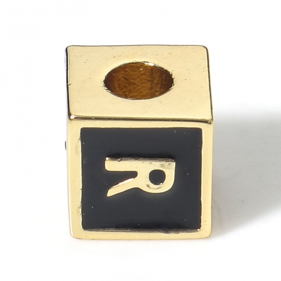 Image de Perles pour DIY Fabrication de Bijoux Simple en Laiton Plaqué Or Véritable 18K Noir Cube Alphabet Initial/ Lettre Majuscule Émail Mots" R " Env. 6mm x 6mm, Trou: Env. 2.5mm, 1 Pièce