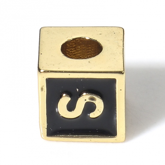 Image de Perles pour DIY Fabrication de Bijoux Simple en Laiton Plaqué Or Véritable 18K Noir Cube Alphabet Initial/ Lettre Majuscule Émail Mots" S " Env. 6mm x 6mm, Trou: Env. 2.5mm, 1 Pièce
