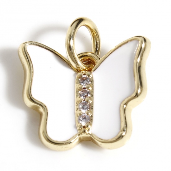 Image de Breloques Insecte en Laiton Papillon Plaqué Or Véritable 18K Blanc Émail à Zircone Cubique Clair 12mm x 10.5mm, 1 Pièce