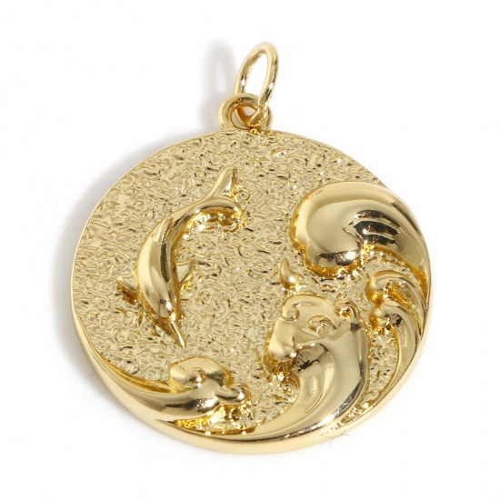 Picture of Brass Ocean Jewelry Charms 18K Real Gold Plated Wave Dolphin 29.5mm x 21mm, 1 Piece