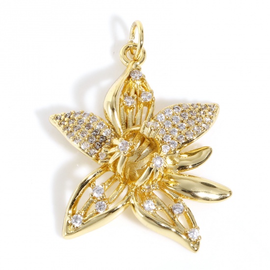 Picture of Brass Micro Pave Charms 18K Real Gold Plated Flower 3D Clear Cubic Zirconia 25mm x 18mm, 1 Piece