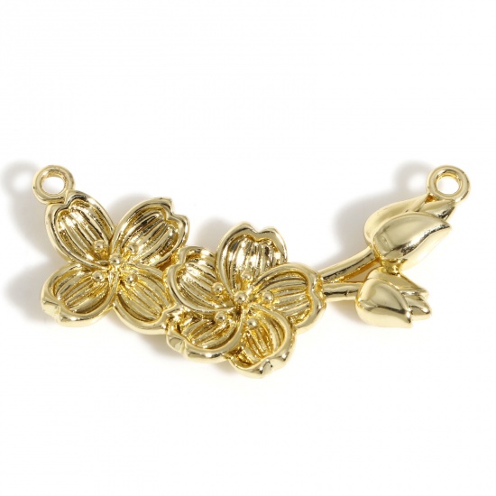Picture of Brass Connectors Charms Pendants 18K Real Gold Plated Sakura Flower 3.5cm x 1.8cm, 1 Piece