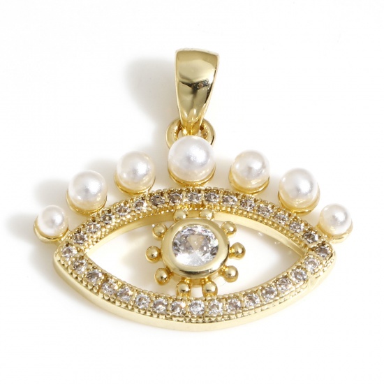 Imagen de 1 Unidad Latón Micro Pave Colgantes Charms Ojo 18K Oro Real Chapado Acrílico Imitación de Perla Claro Circón Artificial 19.5mm x 19mm