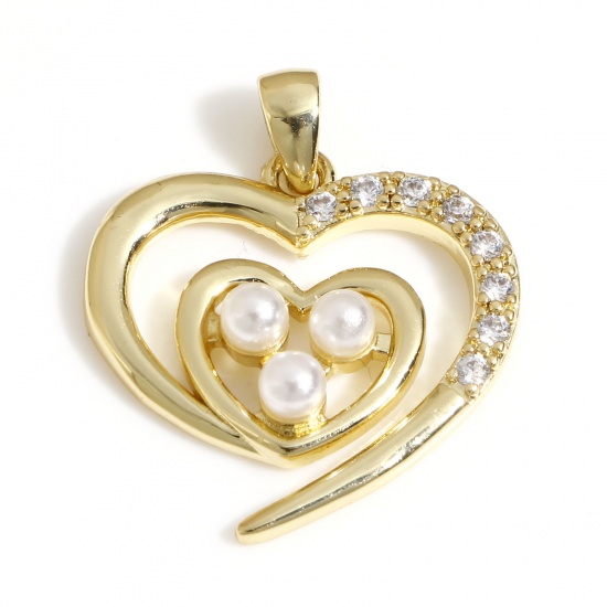 Imagen de 1 Unidad Latón día de San Valentín Colgantes Charms Corazón 18K Oro Real Chapado Acrílico Imitación de Perla Claro Circón Artificial 23.5mm x 19mm