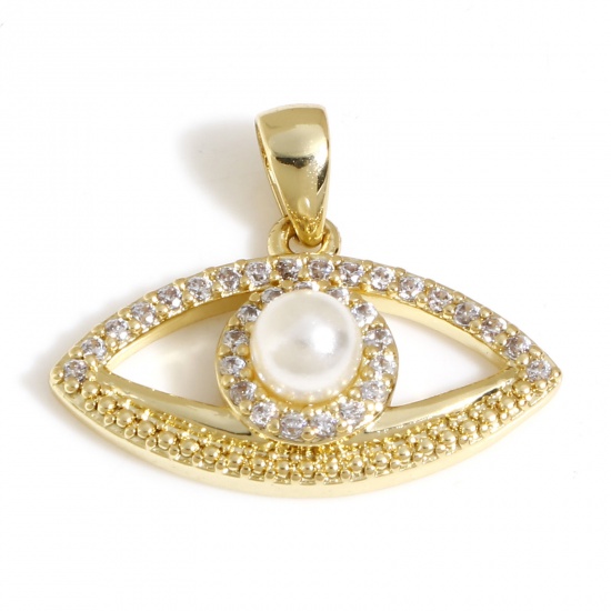 Imagen de 1 Unidad Latón Micro Pave Colgantes Charms Ojo 18K Oro Real Chapado Acrílico Imitación de Perla Claro Circón Artificial 20mm x 16mm