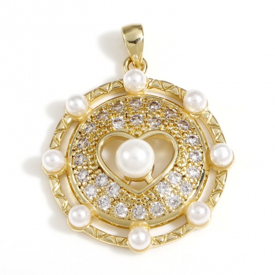 Imagen de Latón día de San Valentín Colgantes Ronda 18K Oro Real Chapado Corazón Acrílico Imitación de Perla Claro Circón Artificial 3cm x 2.4cm, 1 Unidad